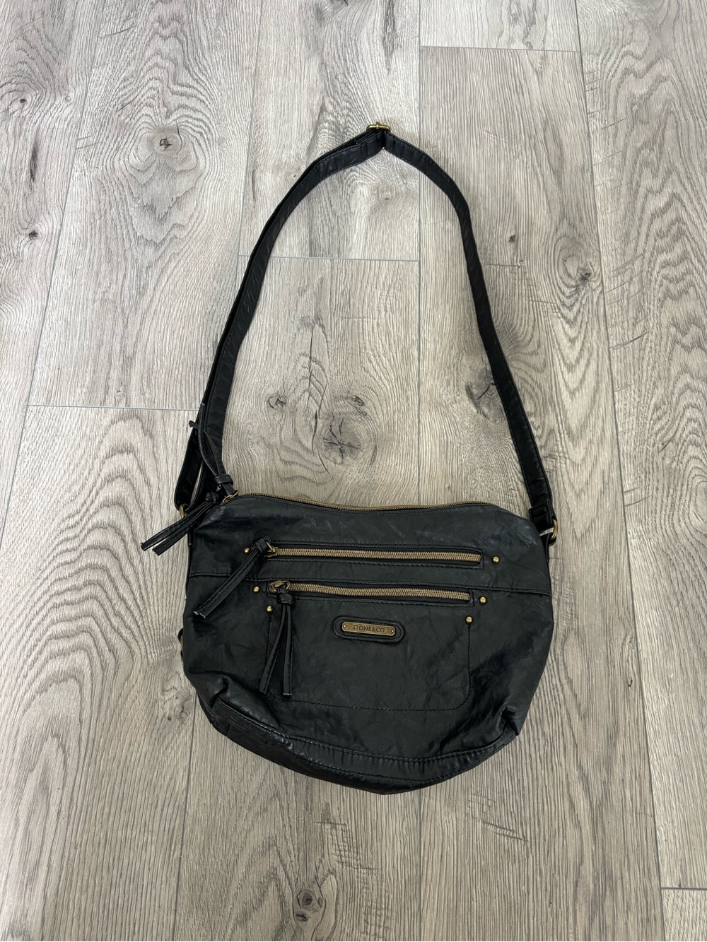 Stone & Co. Black Genuine Leather Crossbody Bag with Gold Zippers -Y2K/Vintage